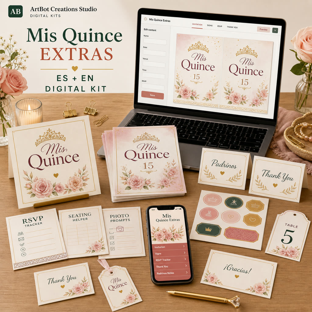 Preview of the Mis Quince Extras builder, invitations, signs, RSVP tools, seating helper, photo prompts, and mobile share view.