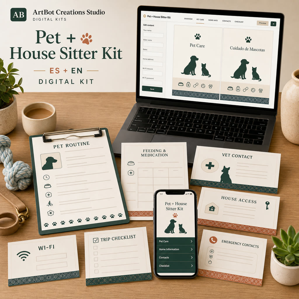 Preview of the Pet and House Sitter Kit builder, pet routine sheet, feeding notes, vet card, house access card, and mobile share view.