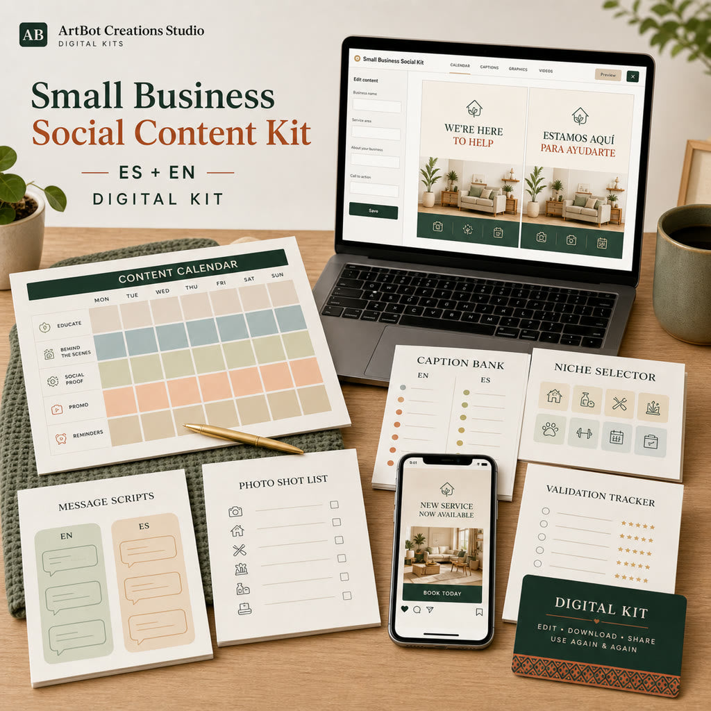 Preview of the Small Business Social Content Kit builder, content calendar, caption bank, niche selector, scripts, tracker, and phone preview.