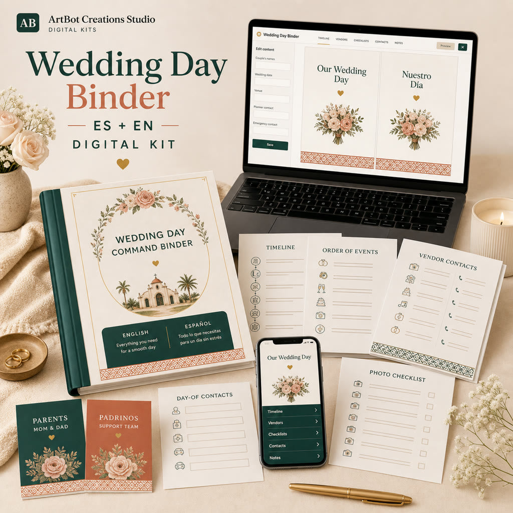 Preview of the Wedding Day Binder builder, timeline pages, vendor sheets, helper cards, and mobile share view.