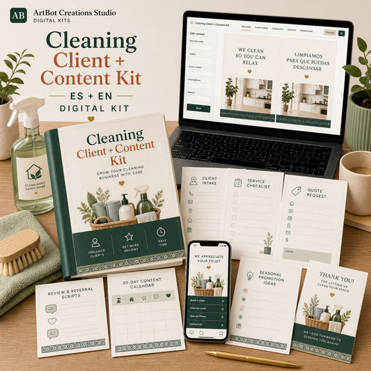 Preview of the Cleaning Client and Content Kit builder, client intake, service checklist, quote sheet, scripts, calendar, and phone preview.