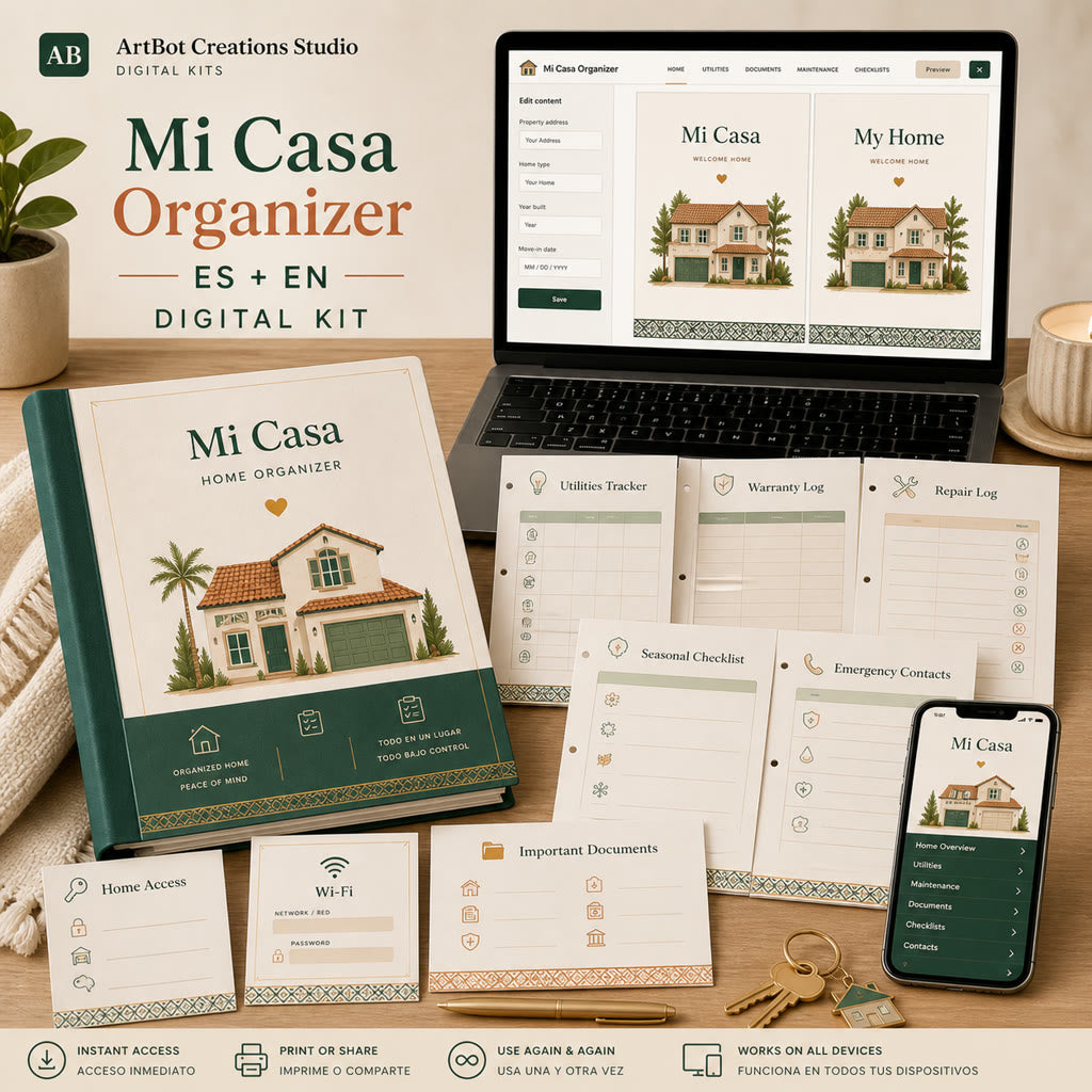 Preview of the Mi Casa Organizer builder, home binder pages, utilities tracker, warranty log, repair log, checklist, and mobile share view.