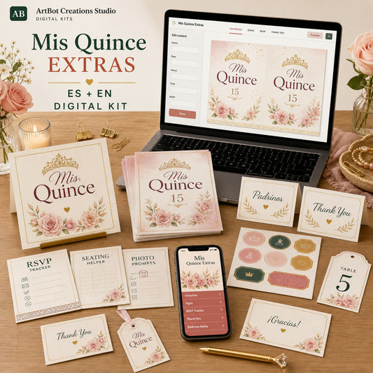 Preview of the Mis Quince Extras builder, invitations, signs, RSVP tools, seating helper, photo prompts, and mobile share view.