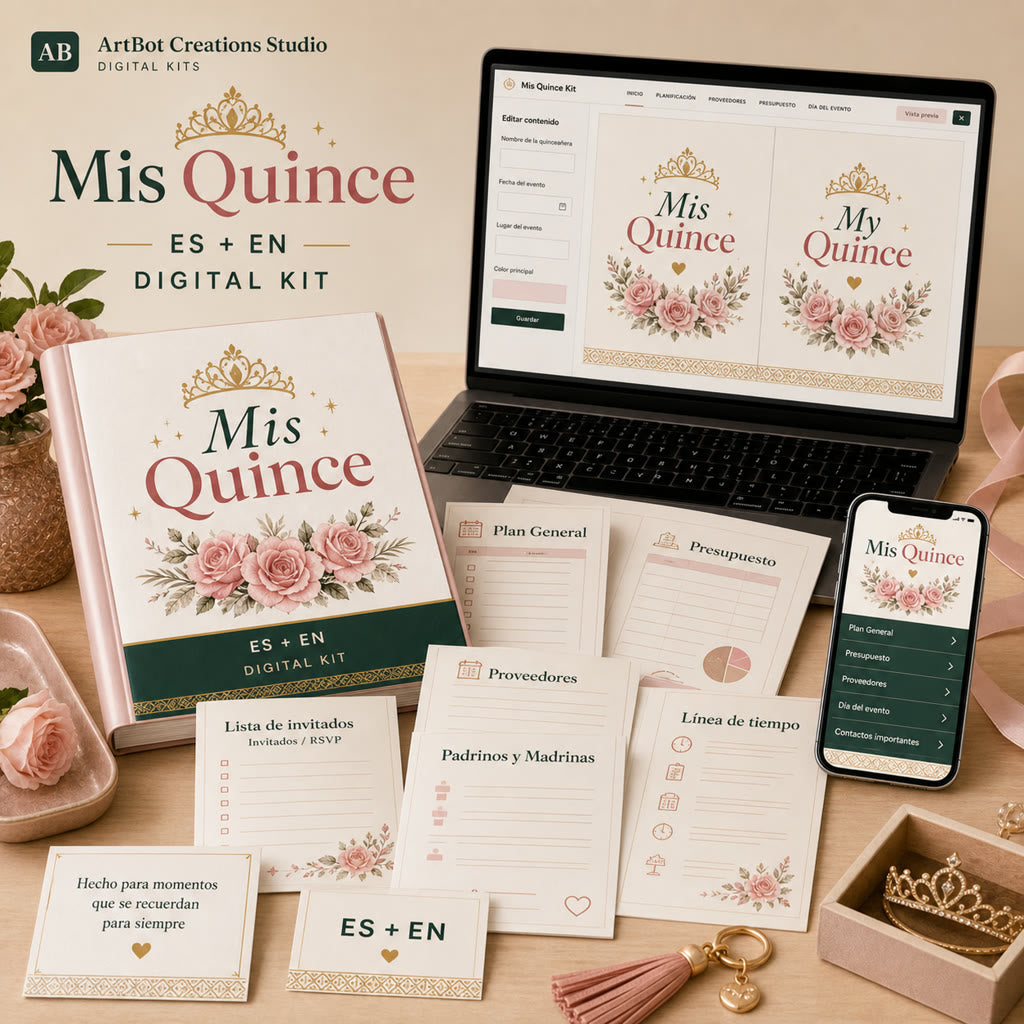 Preview of the Mis Quince planner builder, budget tracker, RSVP sheet, vendor notes, timeline, and mobile share view.