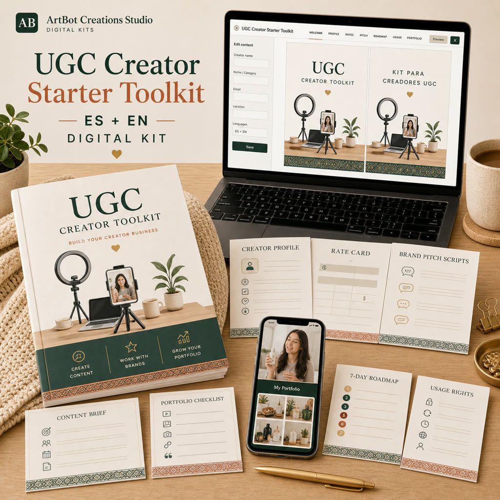 Preview of the UGC Creator Starter Toolkit builder, creator profile, rate card, brand pitch scripts, brief template, portfolio checklist, and phone preview.
