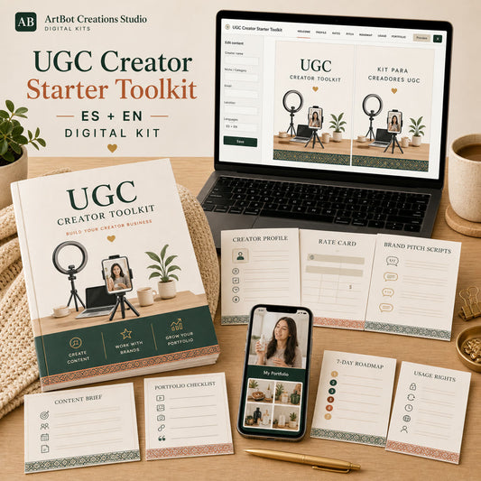 Preview of the UGC Creator Starter Toolkit builder, creator profile, rate card, brand pitch scripts, brief template, portfolio checklist, and phone preview.